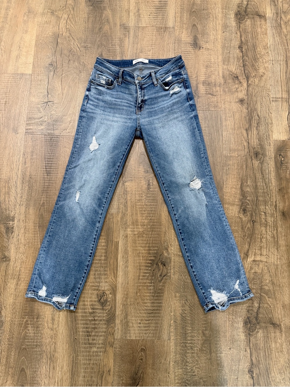 Women's Distressed Mid-Blue Straight Leg Jeans